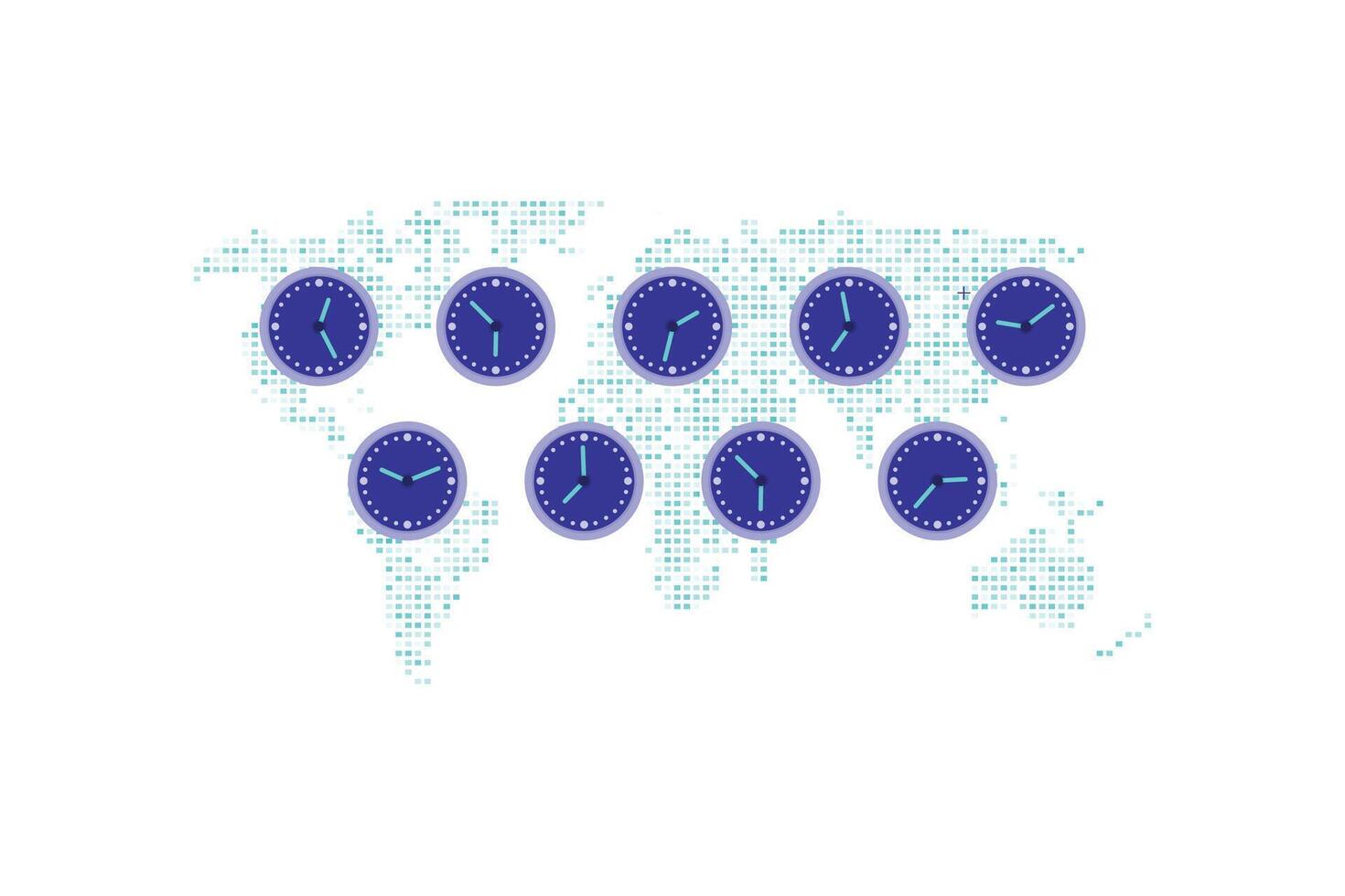 Digital Illustration of Pixelated World Map with Blue Clocks Showing Different Time Zones, Symbolizing Global Time vector