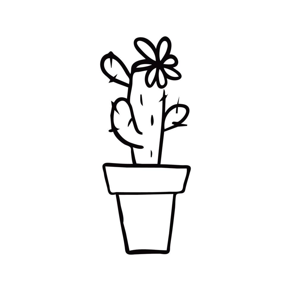 Simple Black and White Drawing of a Potted Cactus with Flower vector