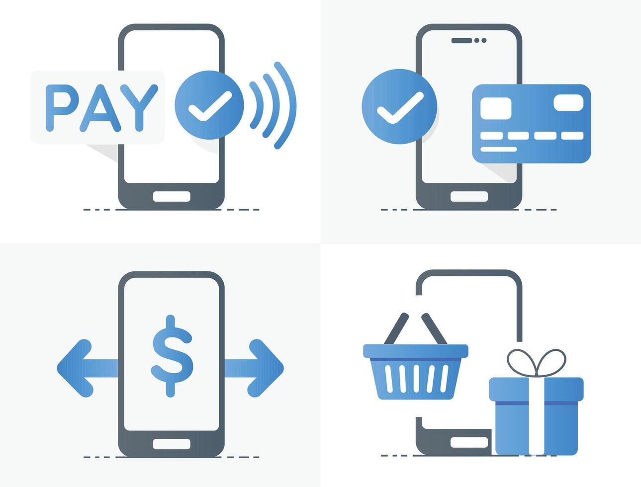 Mobile payment icons illustrate digital transactions with smartphone vector