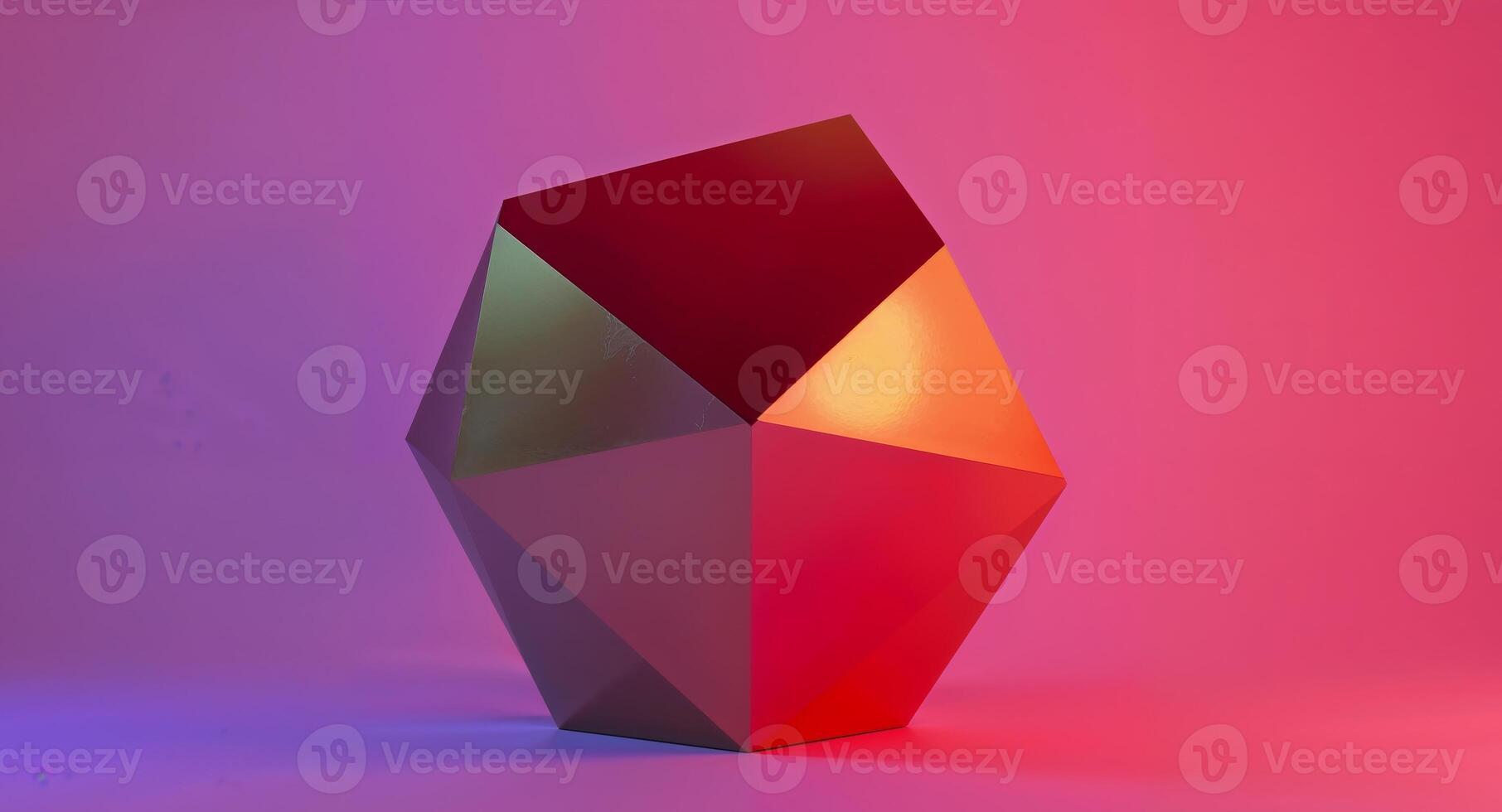 Geometric Shape with Reflective Surfaces and Vivid Color Gradient Background. photo