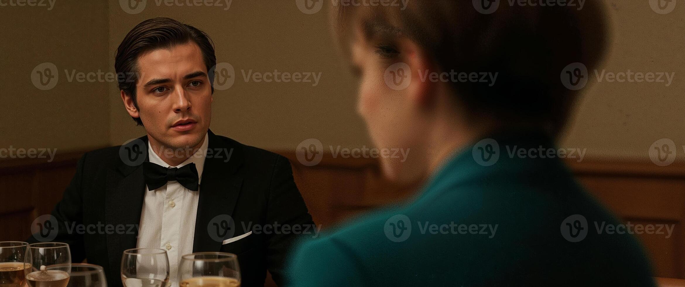 A Thoughtful Gentleman in a Tuxedo at a Formal Dinner Party, Across from Someone. photo