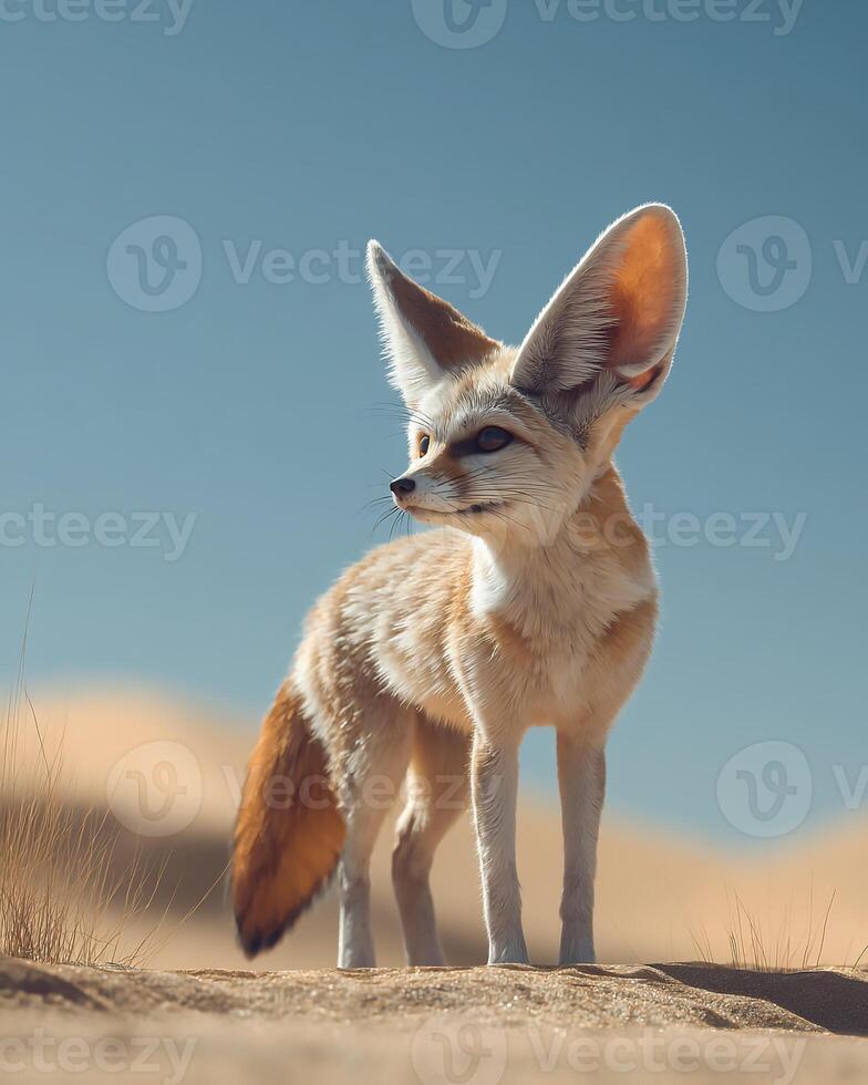 Fennec fox in soft sunlight standing alert on clean desert landscape, detailed fur and desertcore vibe under vibrant clear sky photo