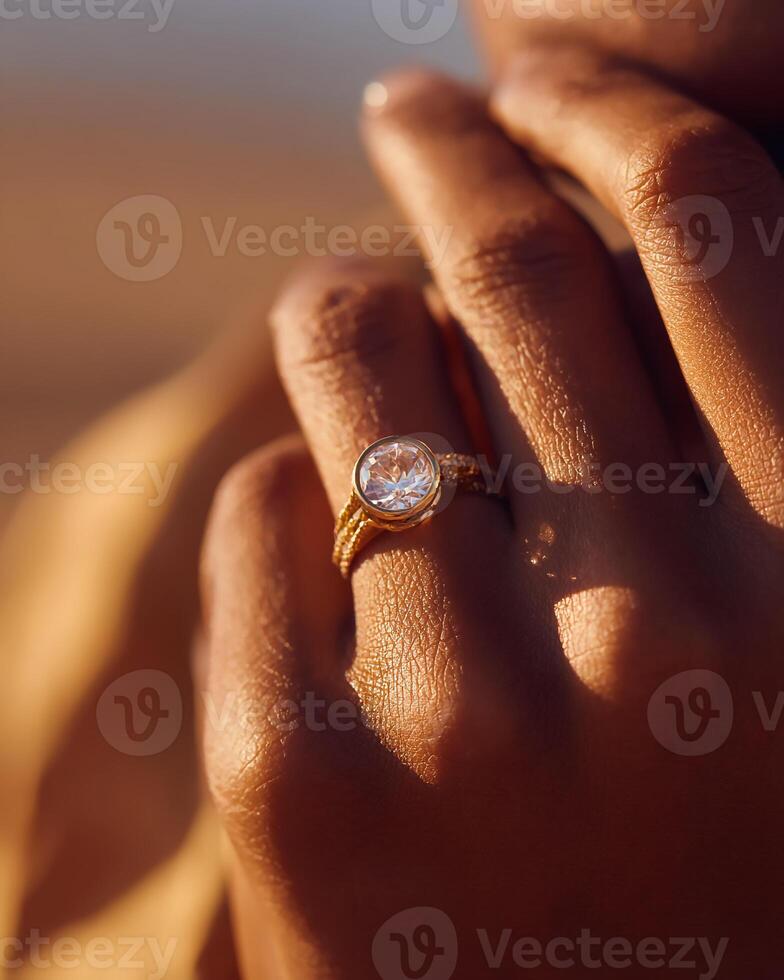 Macro of Gemstone Ring Reflecting Sunlight on Finger in Desert Setting photo