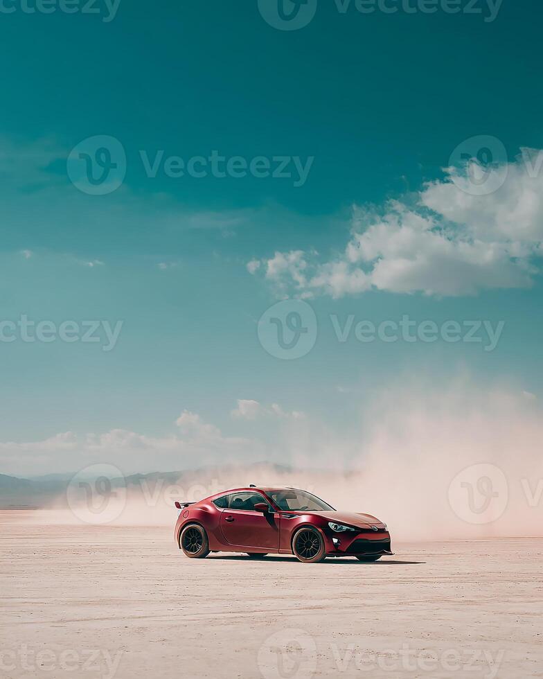 Dual Tone Maroon and Black Sports Car in Motion on Salt Desert With Flying Dust, Clear Sky, and Strong Color Separation in Side View Format photo