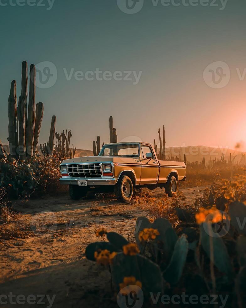 Scenic View of Pickup and Cactus Field in Dry Desert with Muted Colors photo