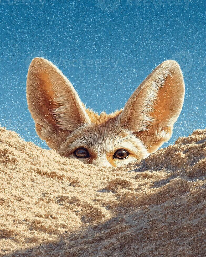 Realistic desertcore photo of fennec fox standing on sand under bright sky, warm daylight with soft shadows and full body clearly visible