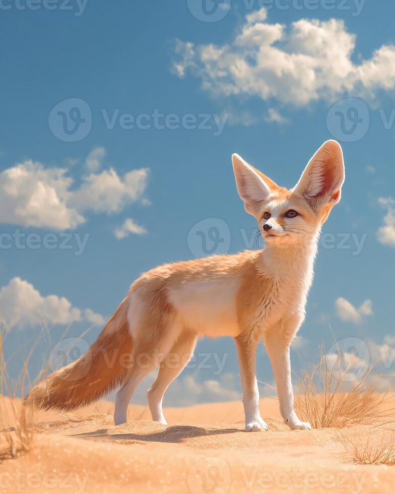 Natural desert light on meerkats standing tall on dune, detailed wildlife composition with warm textures and soft shadows under vivid sky photo