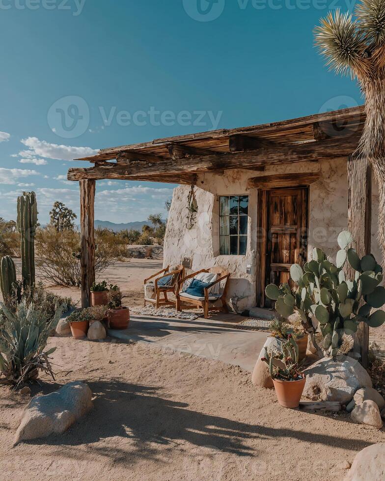 Minimal adobe desert house with reclaimed elements, surrounded by cactus and cozy outdoor boho setup, captured in advertising photo style