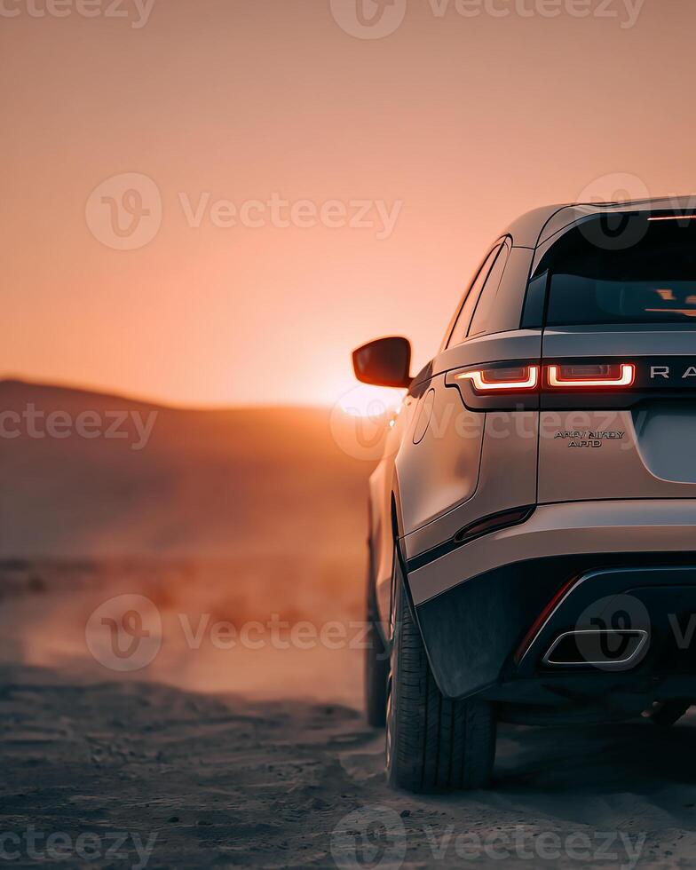 High End SUV in Desert Setting with Subtle Sand Drift and Atmospheric Blur photo