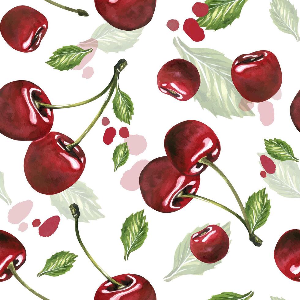Cherry pattern with green leaves vector