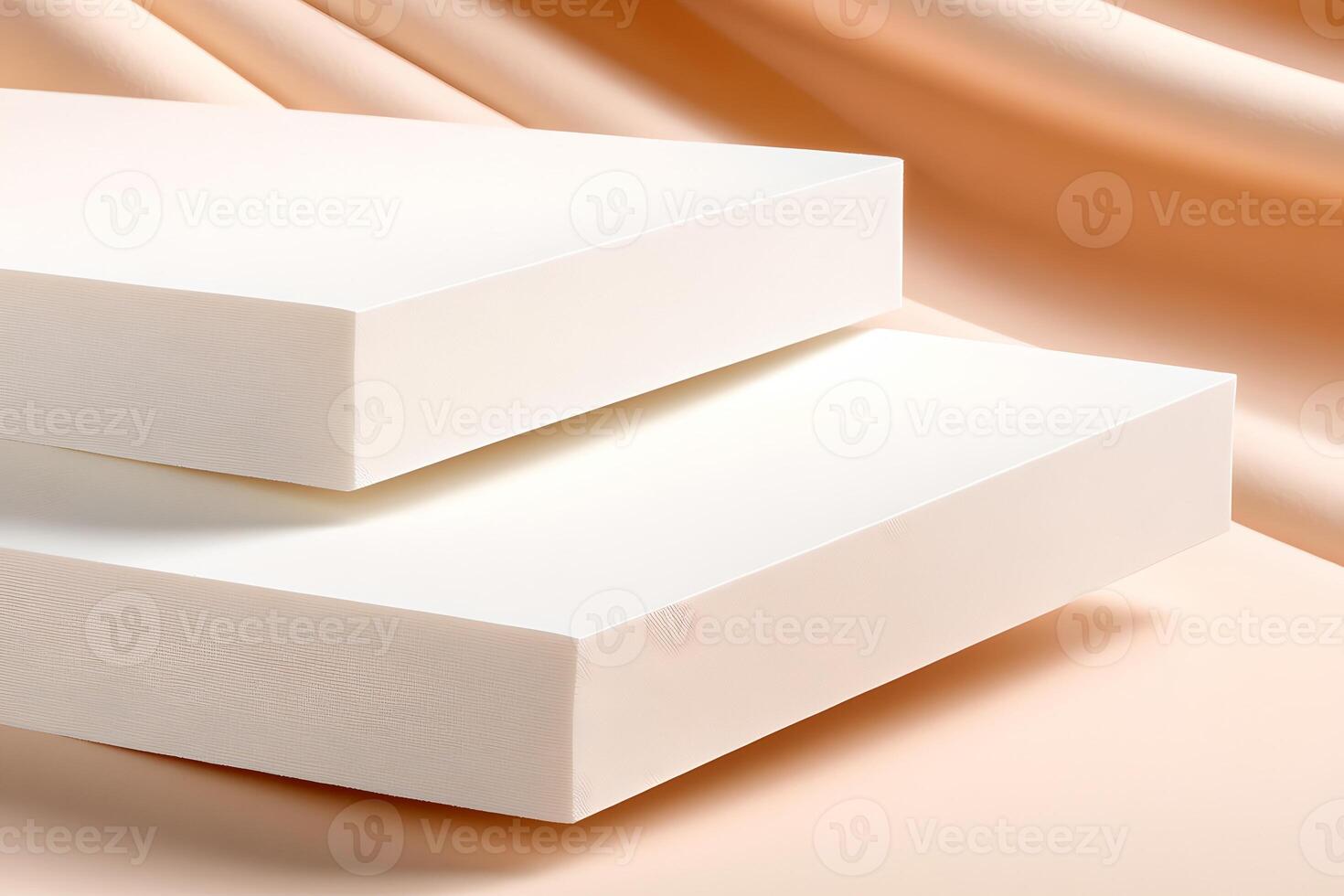 Stacked white rectangular blocks in a clean minimalist arrangement create a simple geometric display against a neutral backdrop photo