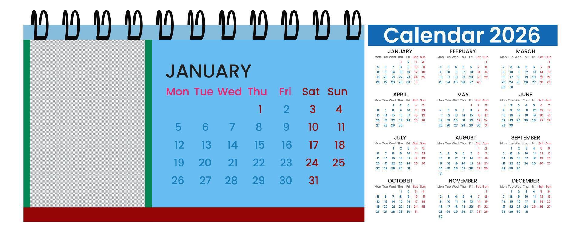 Calendar 2026 design with full 12 month layout for business and events. Includes weekly schedule and monthly deadlines. Stay on track and organized through each season. vector