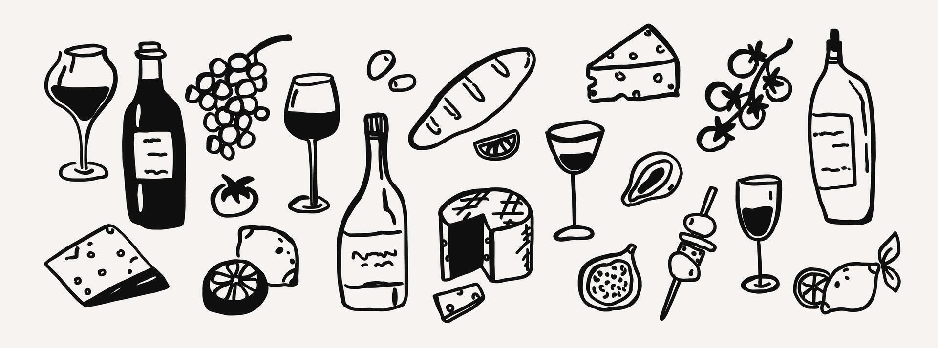 Whimsical wine party and food, cheese line art sketch set. Whimsy mediterranean dinner table settings vector