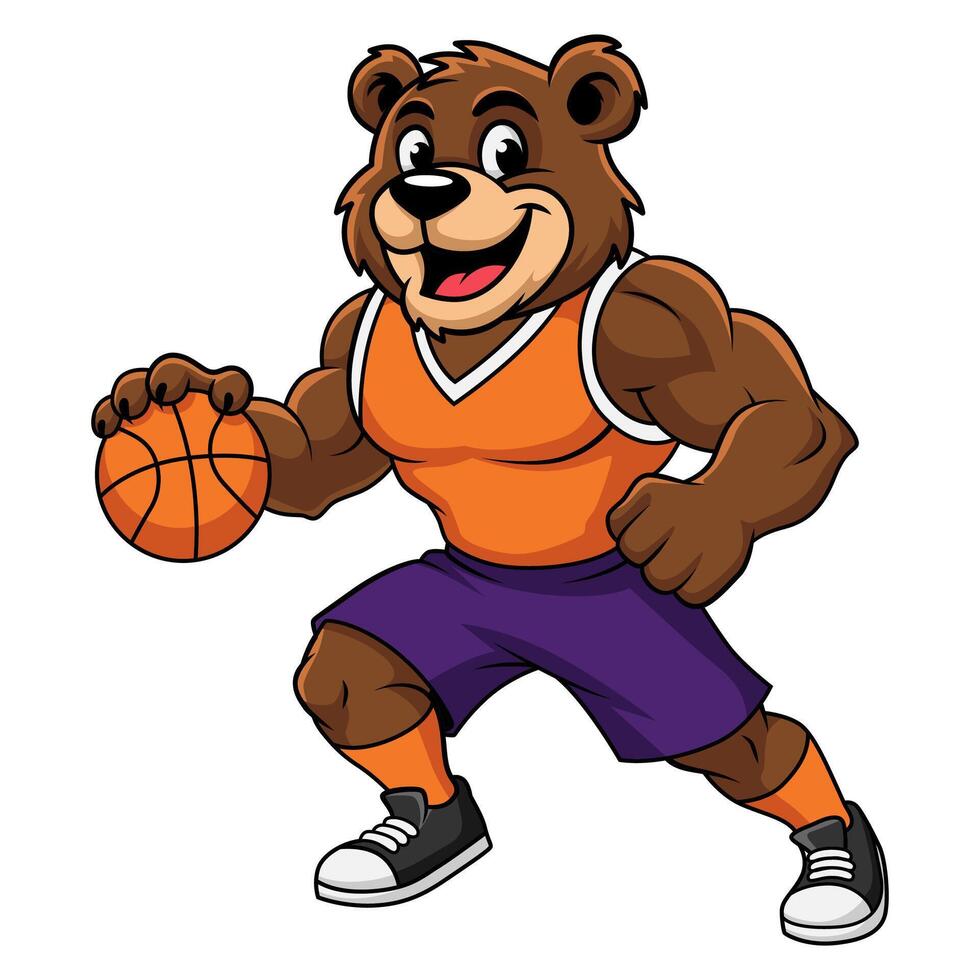 Illustration of a strong and happy bear playing basketball in an orange jersey. Cartoon style on a white background. vector