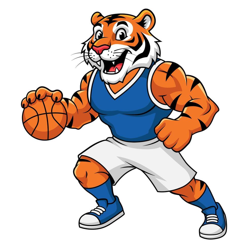 Illustration of a strong and happy, brave tiger playing basketball in a blue jersey. Cartoon style on a white background. vector