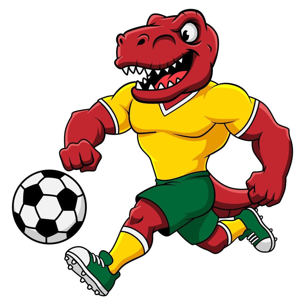 Illustration of a strong and happy red Dinosaur playing football in a yellow jersey. Cartoon style on a white background. vector