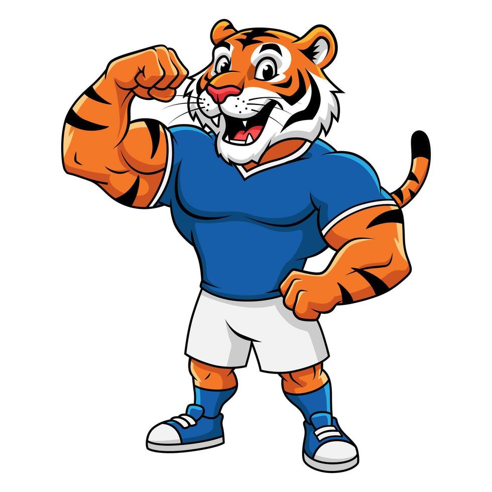 Illustration of a strong and happy, brave tiger flexing its muscles in a blue jersey. Cartoon style on a white background. vector