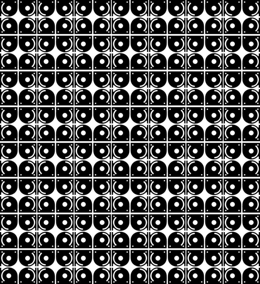 Seamless pattern of black and white geometric shapes featuring semi circles dots and lines vector