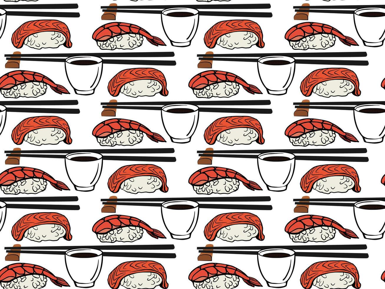 Seamless sushi pattern with salmon nigiri, chopsticks and cups of soy sauce on white backdrop, ideal for packaging, textiles, wallpapers, stationery and restaurant decors. vector