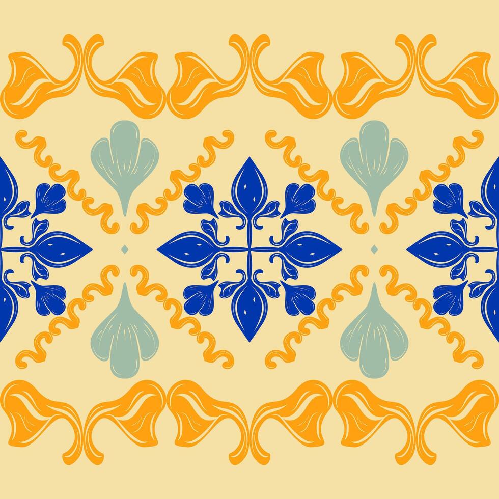 Baroque inspired seamless border pattern Ornamental tile design with intertwined swirls and a cross motif in rich gold and royal blue, adding a touch of classic grandeur to any design embroidery scarf vector