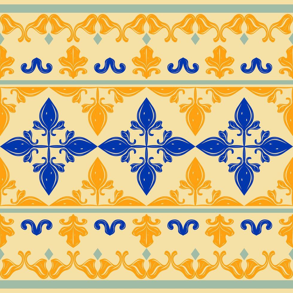 Symmetrical diamond layout with fleur-de-lis elements and cross shapes in rich blue and orange. Elegant tile style design for home decor, paper products, luxury mosaic, flourish tiles pattern, border vector