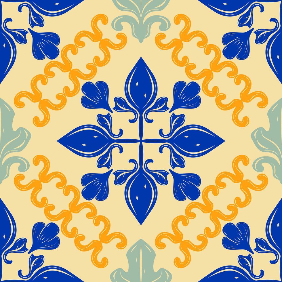 Royal blue floral cross pattern with golden highlights and vintage flourishes on cream background. Luxury baroque seamless pattern Excellent for antique tiling, product labels, luxurious print designs vector