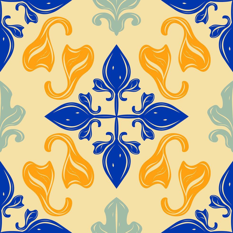 Bold and bright tile motif featuring stylized petals and baroque curves in vivid orange and navy blue. Luxury Abstract seamless Pattern Ideal for ceramic tile mockups, packaging, Mediterranean themes vector