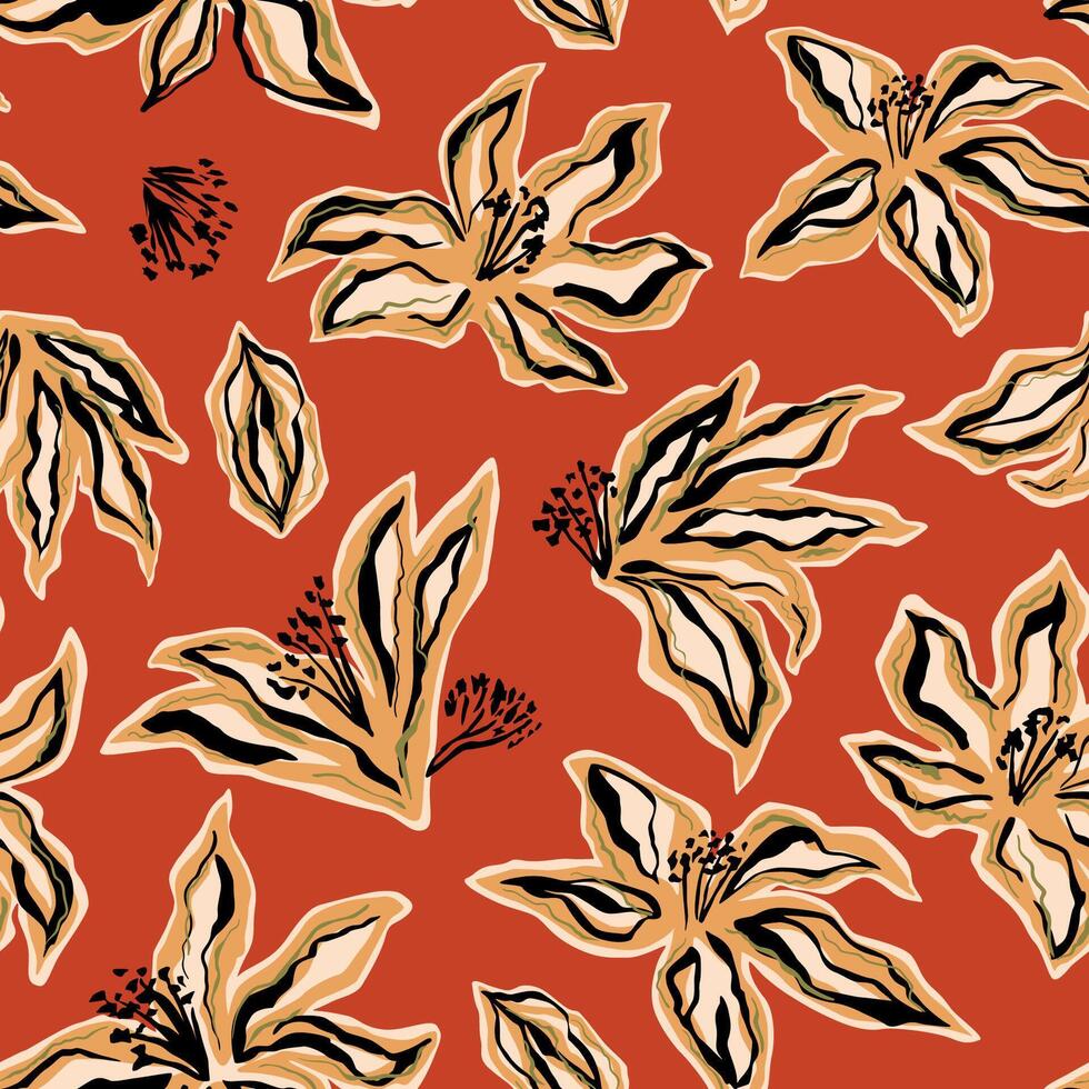 Summer abstract tropical floral seamless pattern hand drawn. Lily flowers decorated curve texture. Red hawaii repeat background, wallpaper, print. Modern garden, fall illustration. vector