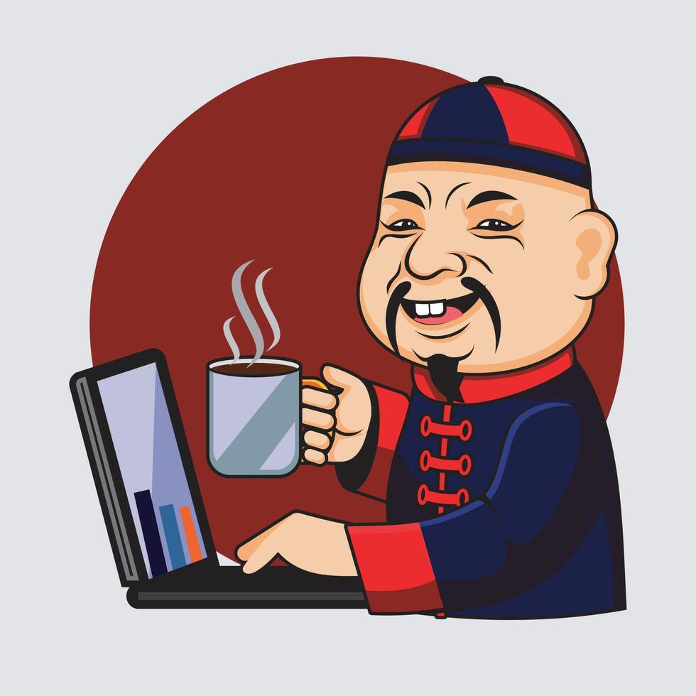 Cartoon character with laptop and coffee vector