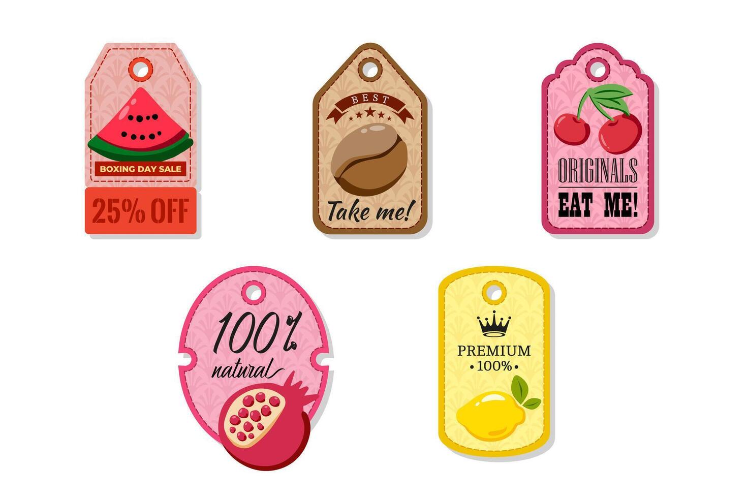 A tag with a hole at the top, elegant and creativity for labeling purposes juices, jams and different foods. Packaging tags with watermelon, coffee, cherry, pomegranate, lemon vector