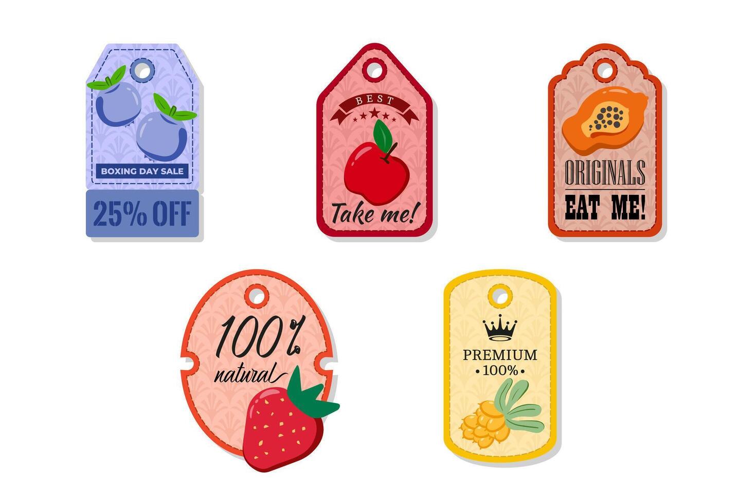 A tag with a hole at the top, elegant and creativity for labeling purposes juices, jams and different foods. Packaging tags with blueberry, apple, papaya, strawberry, seabuckthorn vector