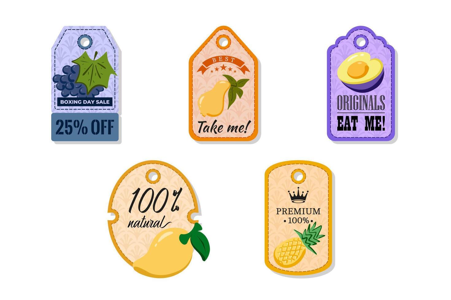 A tag with a hole at the top, elegant and creativity for labeling purposes juices, jams and different foods. Packaging tags with grape, pear, plum, golden mango, pineapple vector