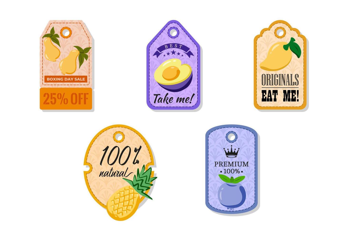 A tag with a hole at the top, elegant and creativity for labeling purposes juices, jams and different foods. Packaging tags with pear, plum, golden mango, pineapple, blueberry vector
