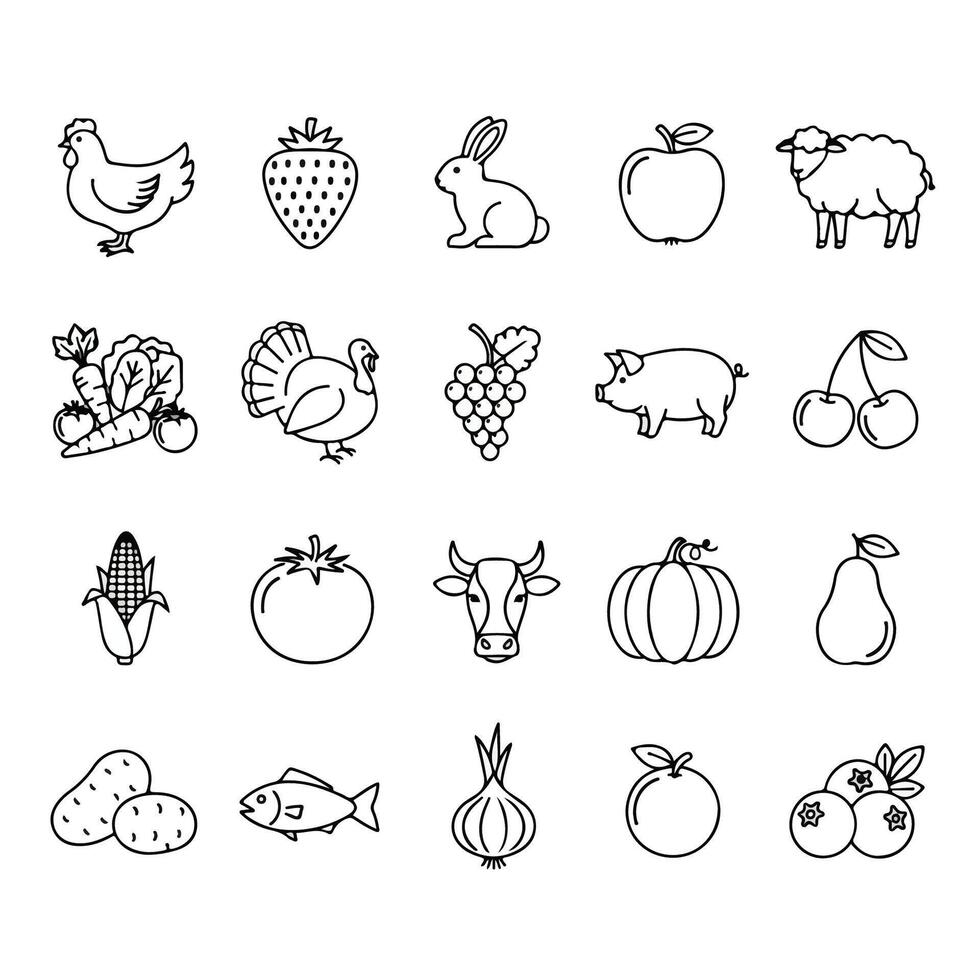 Black and White Line Art Icon Set of Fruits Vegetables and Farm Animals in a Grid Arrangement vector