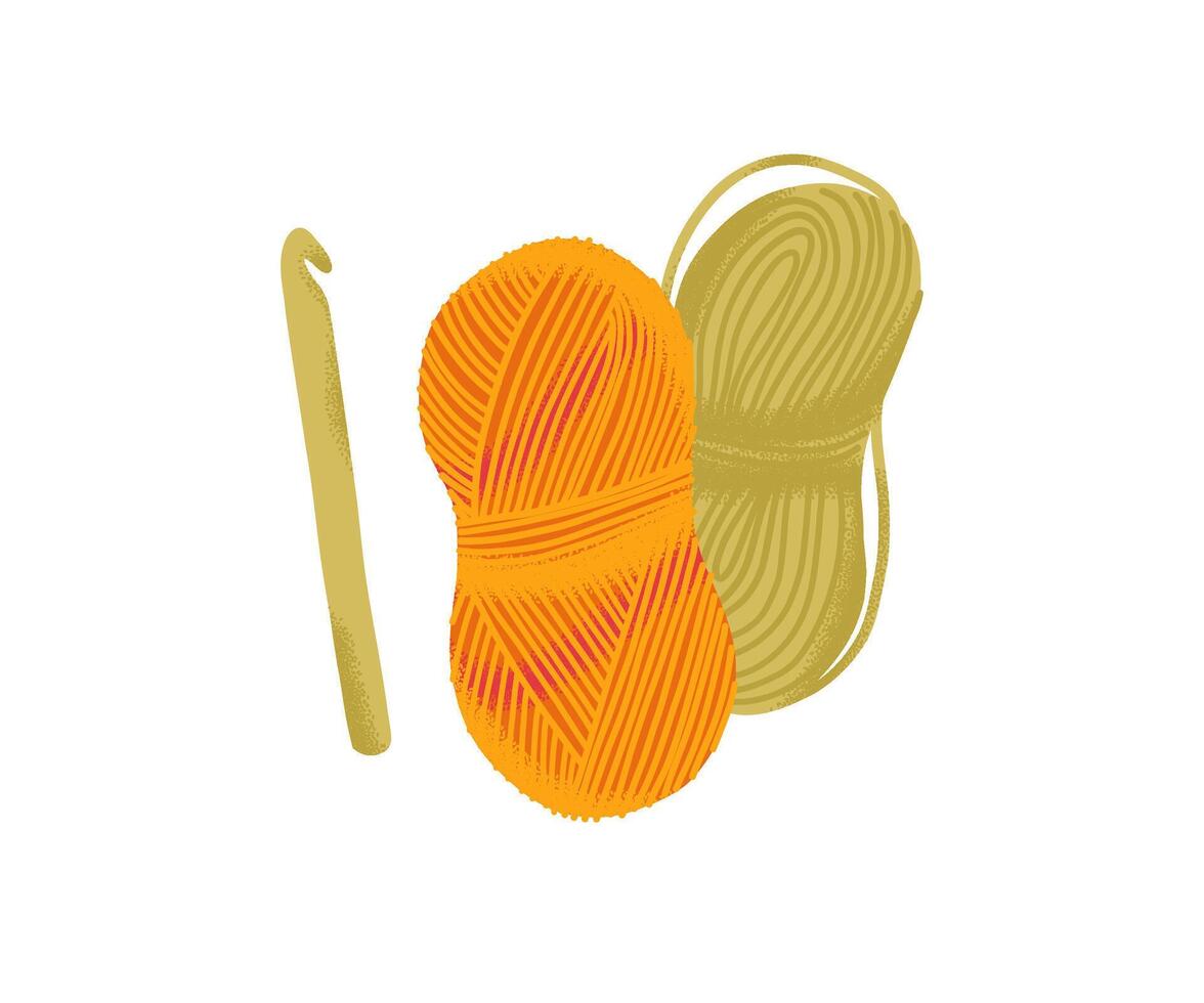 Crochet hook with orange and yellow yarn balls, handmade hobby and craft tools isolated on white background. vector