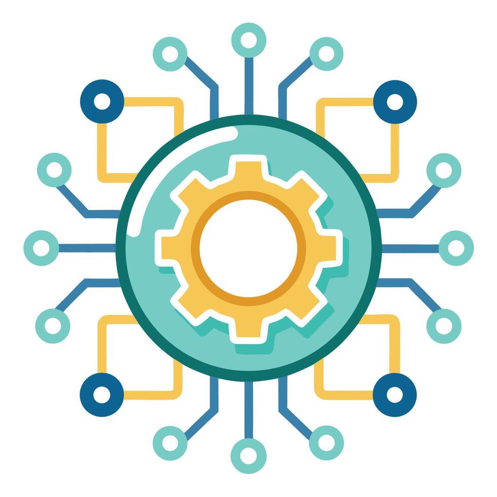 A flat icon of a computer chip with gears vector