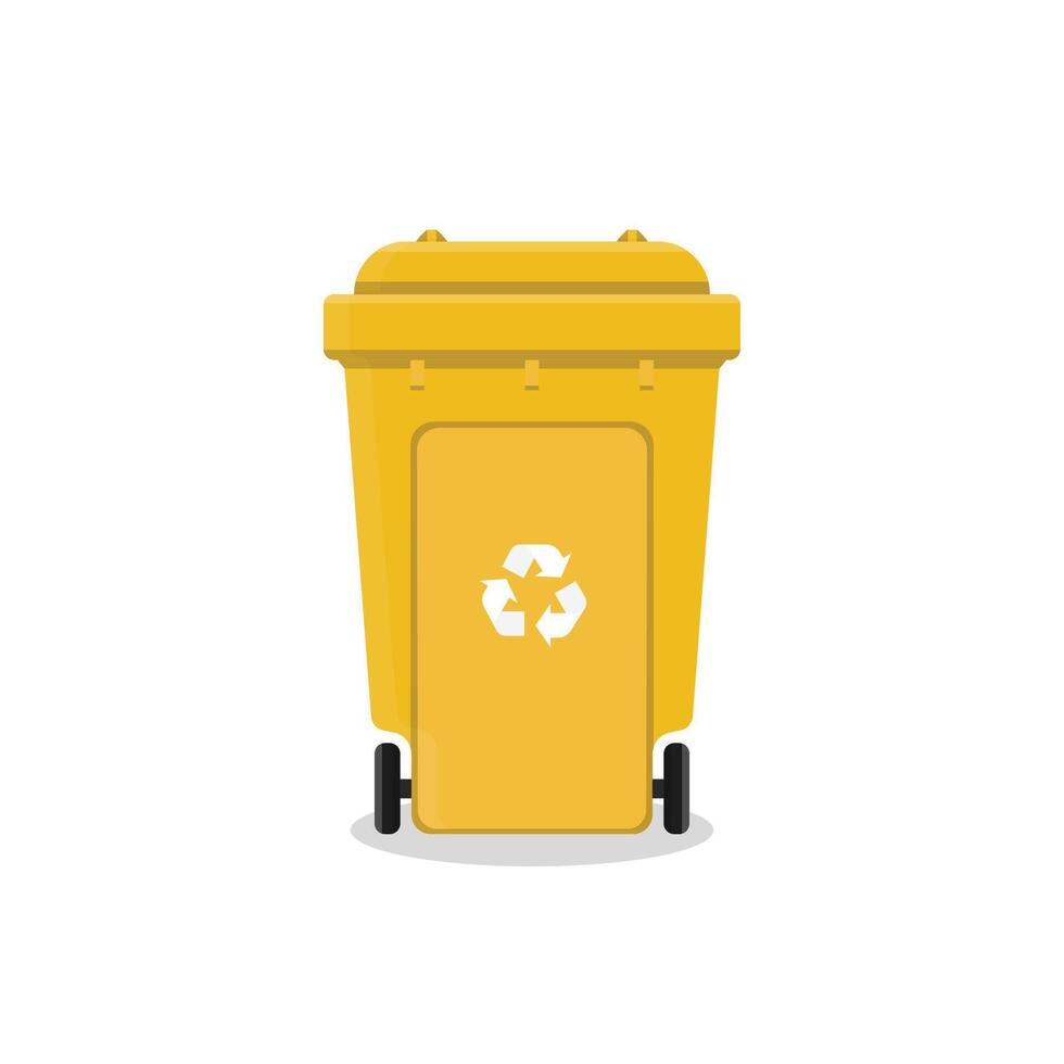 A yellow trash can with a recycling symbol on it on a white background vector