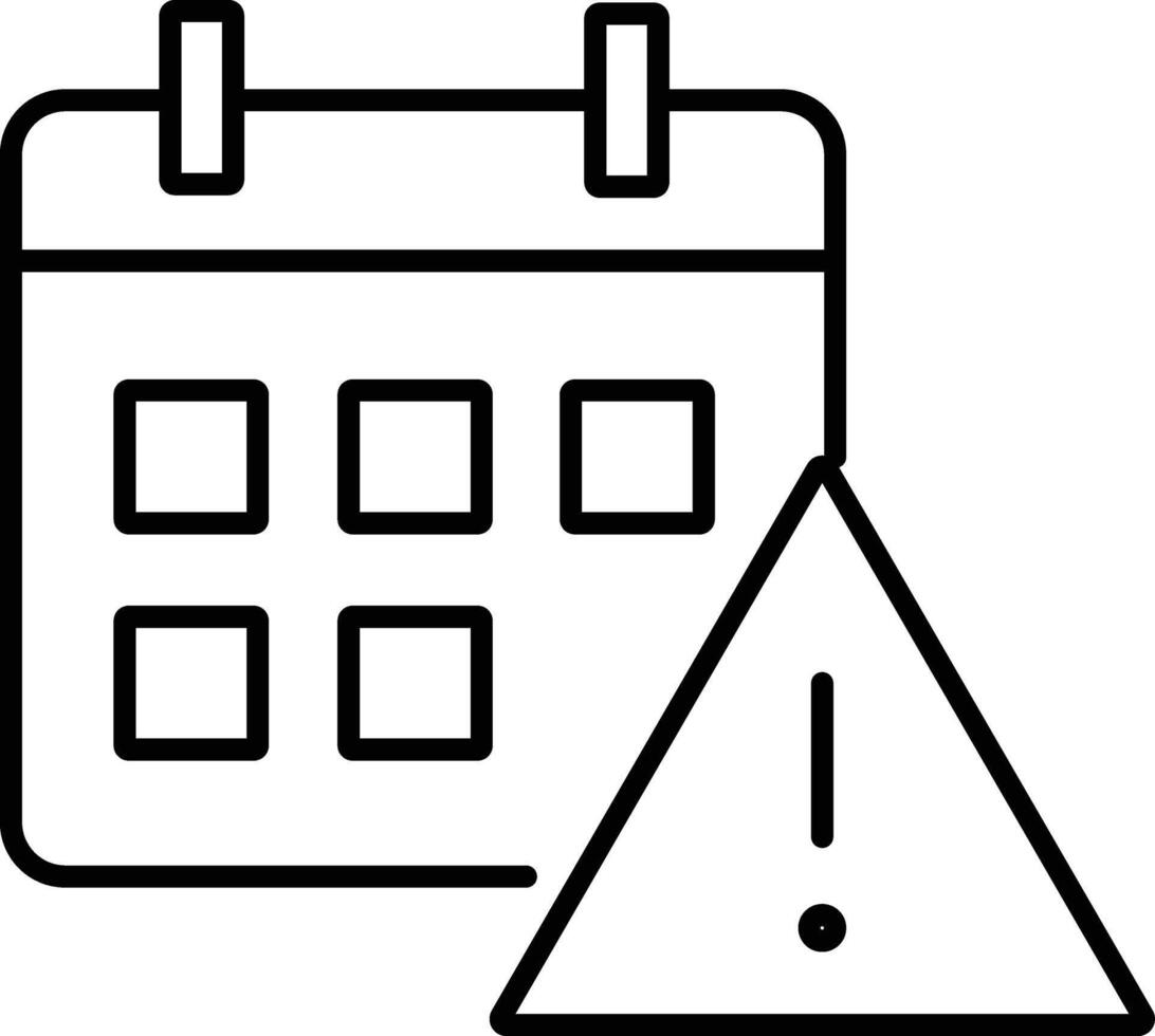 Calendar icon with warning symbol, black outline, simple design, isolated on white, represents deadline alert, schedule reminder, or important date notification vector