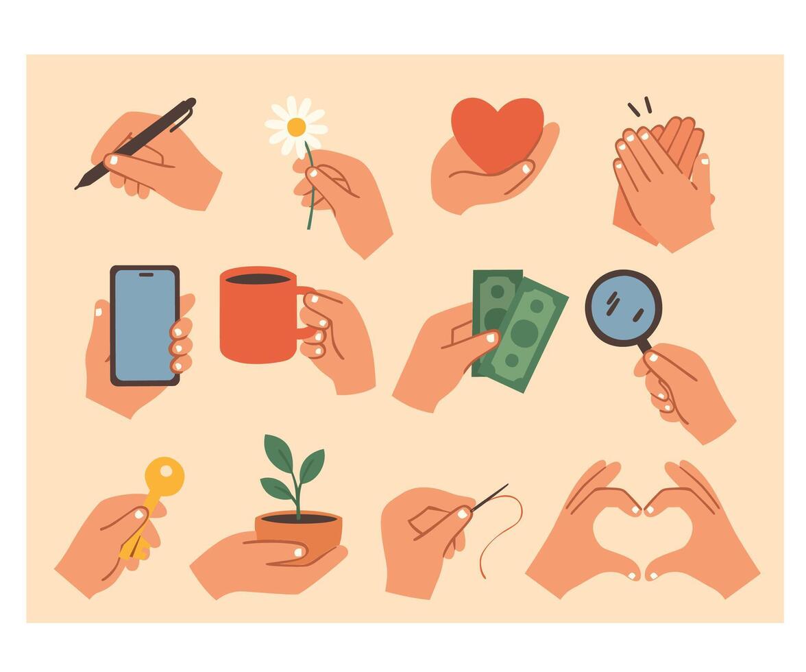 Hands with different activities and objects vector