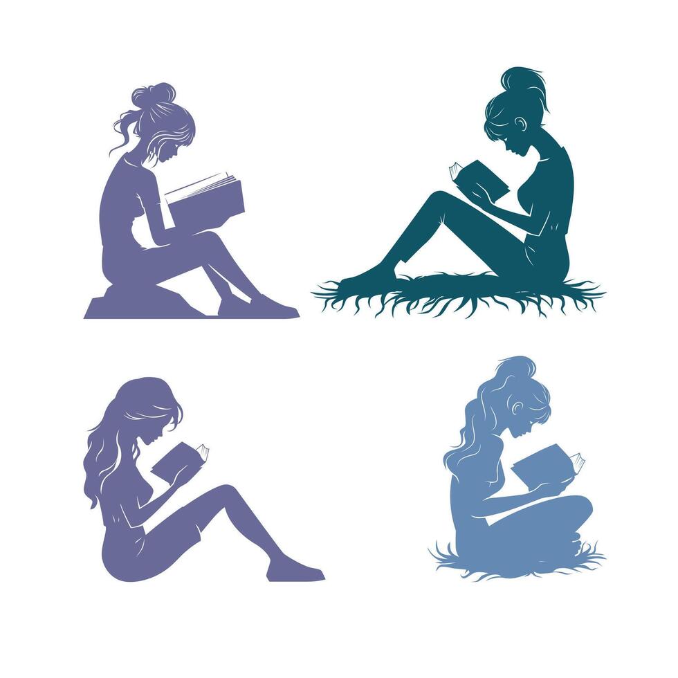 Girls Reading Book and Learning Quietly vector