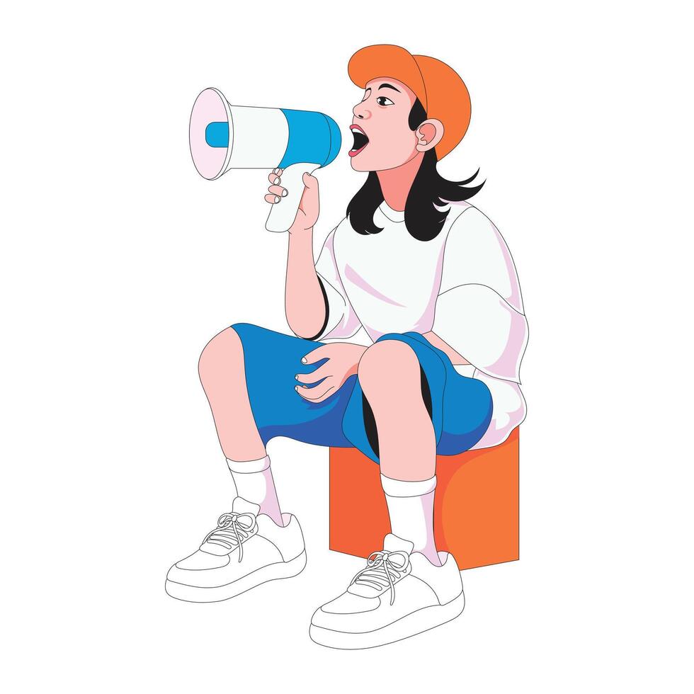 A young girl wearing casual clothes is sitting on a box while shouting through a megaphone in a public and expressive manner vector