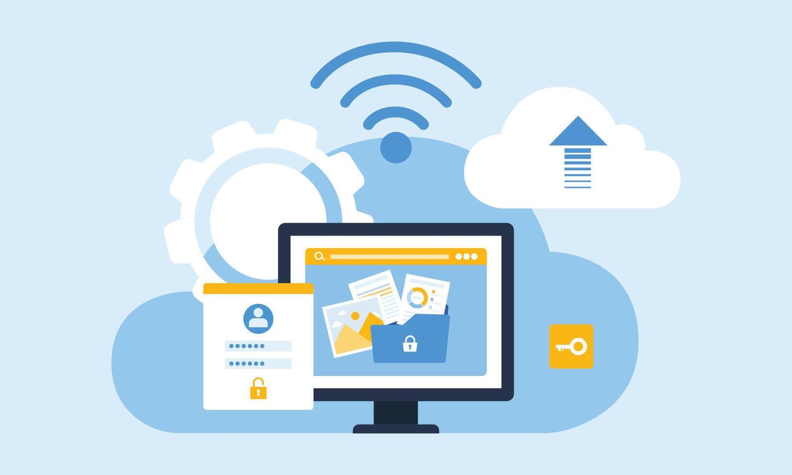 technology cloud storage backup. business cloud computing and datacenter security concept. with administrator and developer team vector