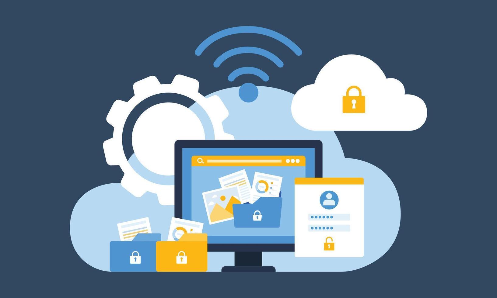 technology cloud storage backup. business cloud computing and datacenter security concept. with administrator and developer team. vector