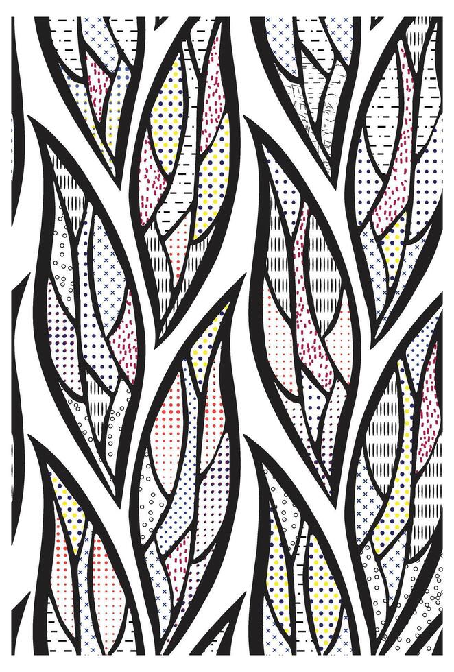 A vibrant pattern of colorful, abstract leaf shapes with various textures and dot patterns against a white background, seamless print vector