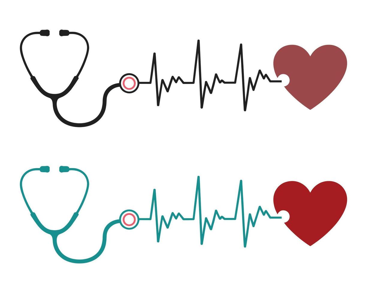 Stethoscope and heartbeat line connected to heart icons vector