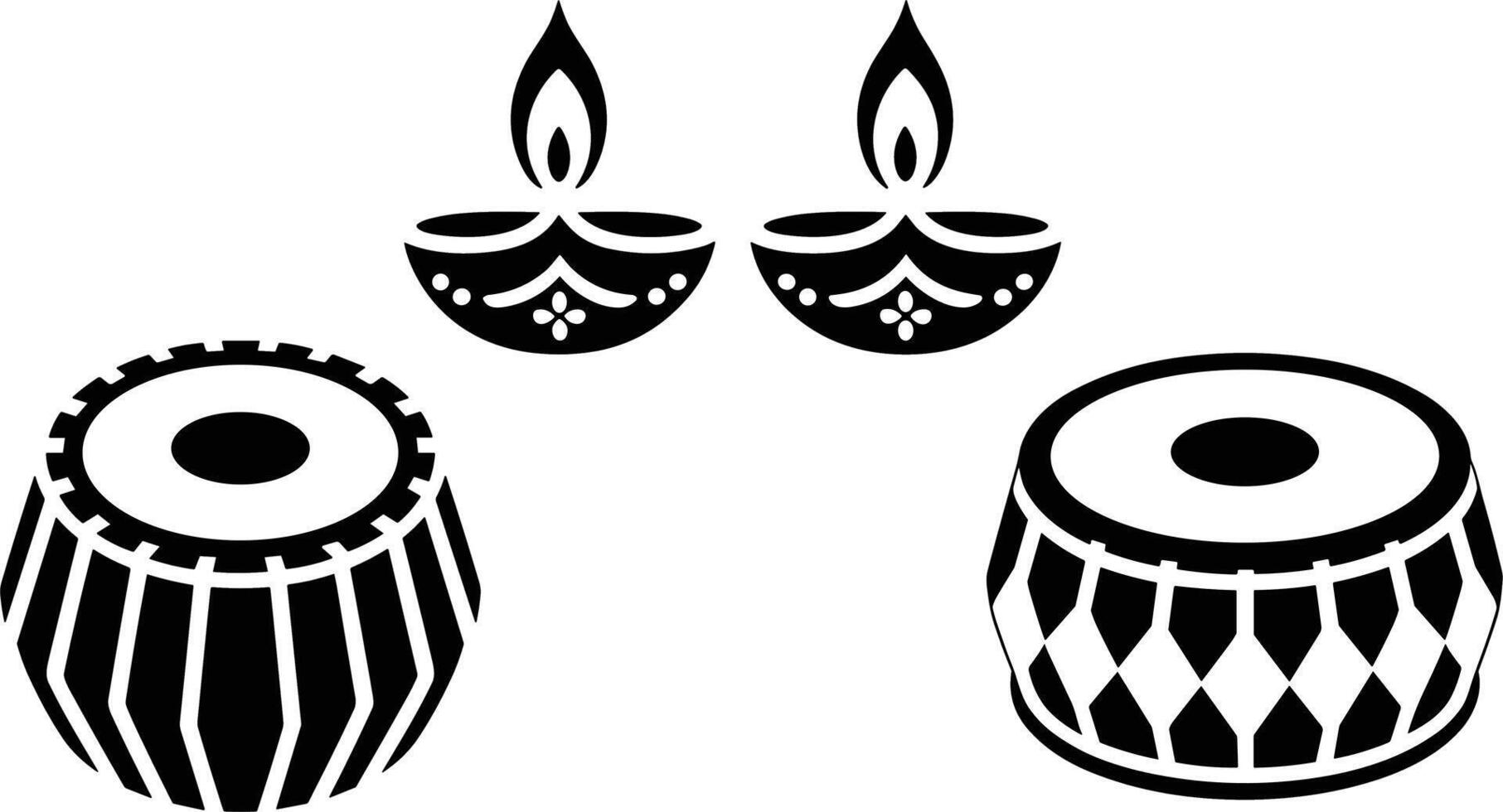 Black and white illustration of diyas and tabla drums on white background vector