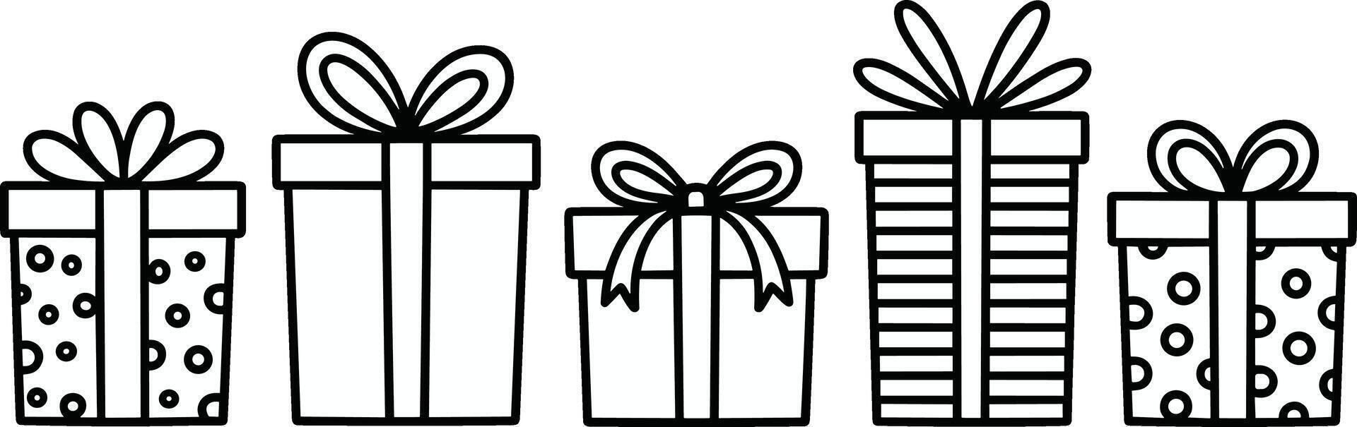 Black and White Outlined Gift Boxes with Bows and Patterns vector