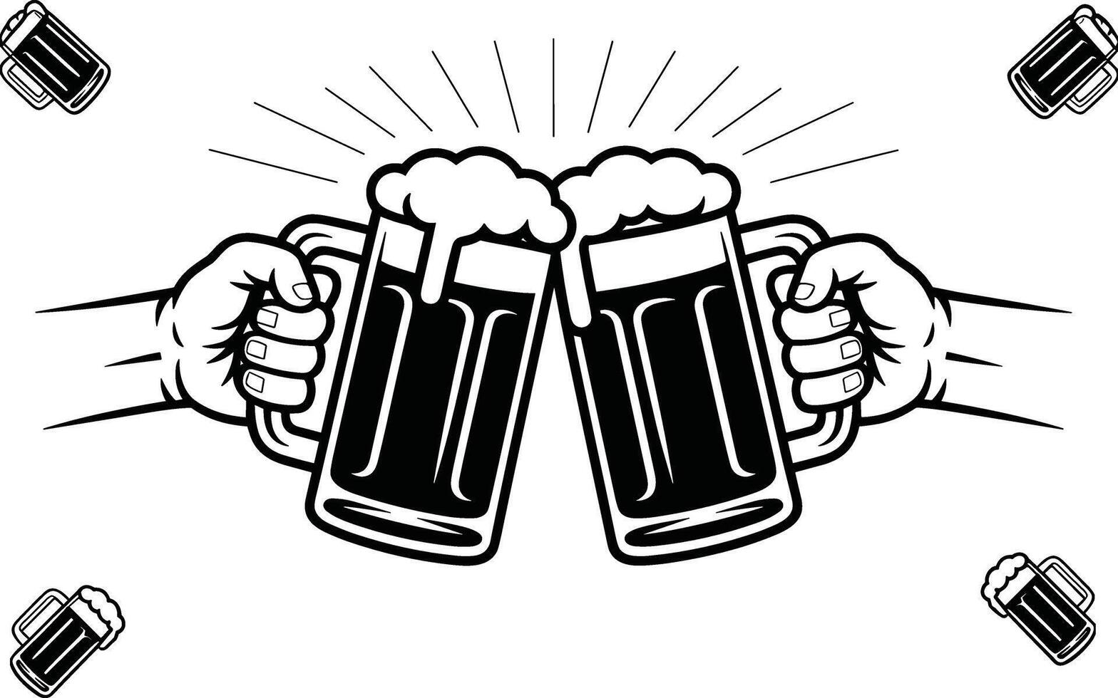 Two Hands Clinking Beer Mugs with Four Additional Mugs on White Background vector