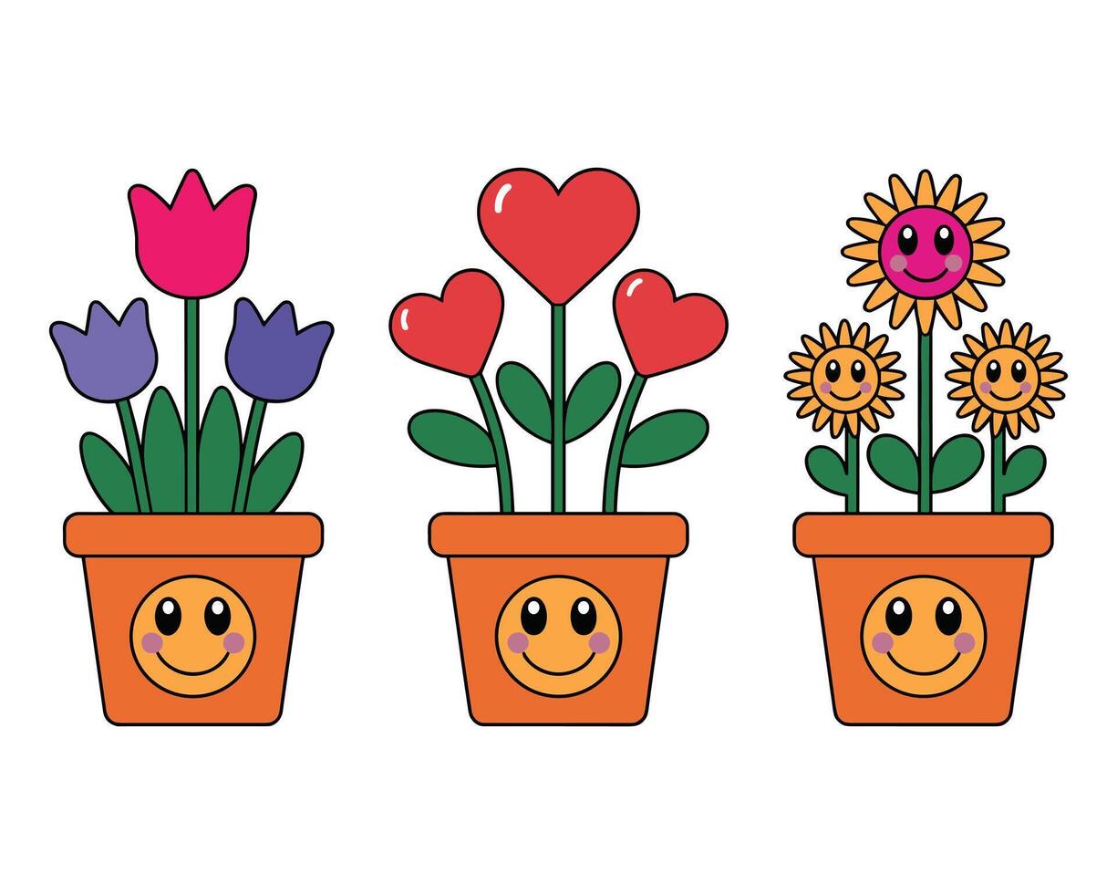 Three potted plants with smiling faces and colorful flowers vector