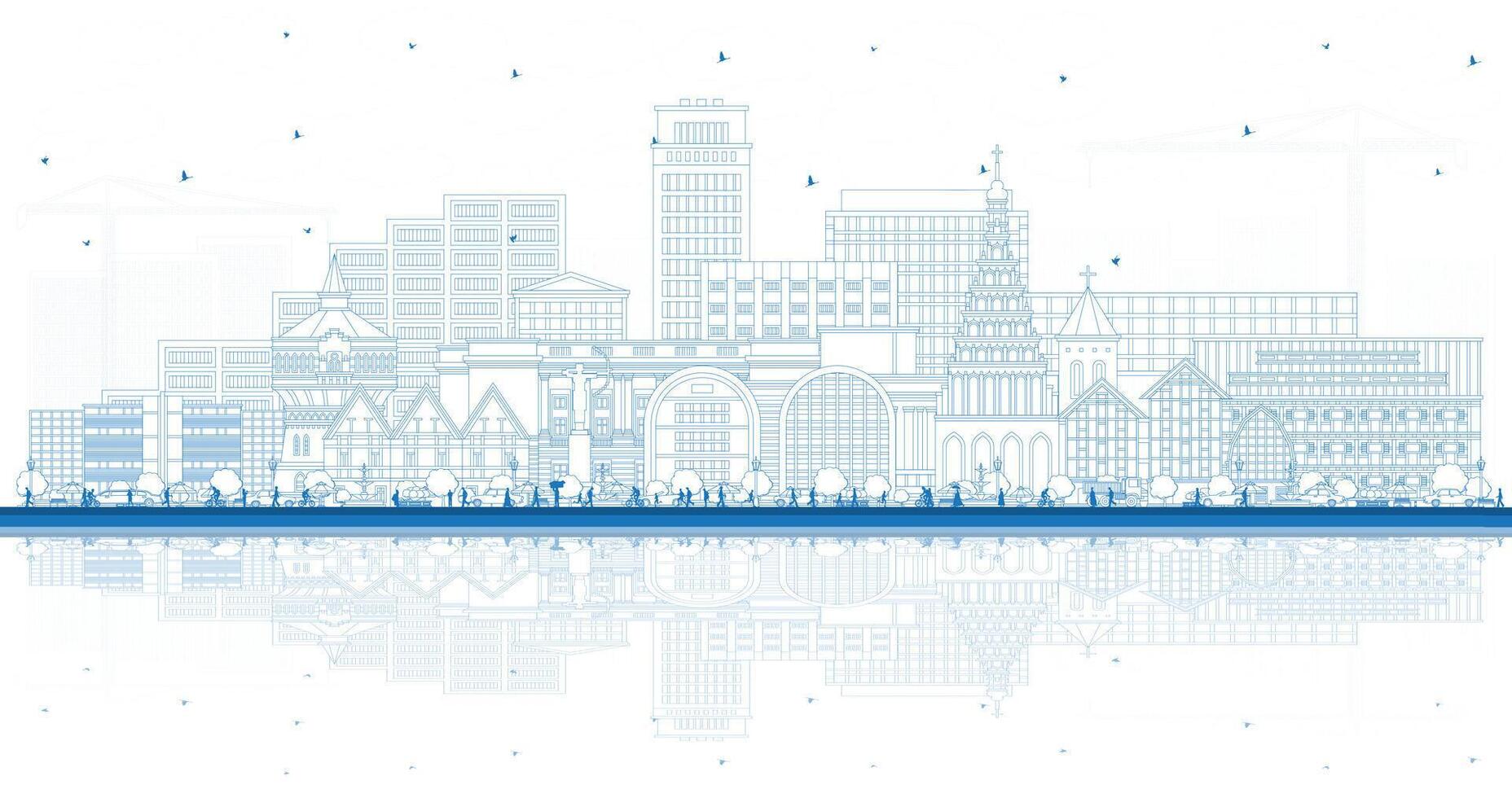 Outline Bydgoszcz Poland city skyline with blue buildings and reflections. Bydgoszcz cityscape with landmarks. Business travel and tourism concept with modern and historic architecture. vector